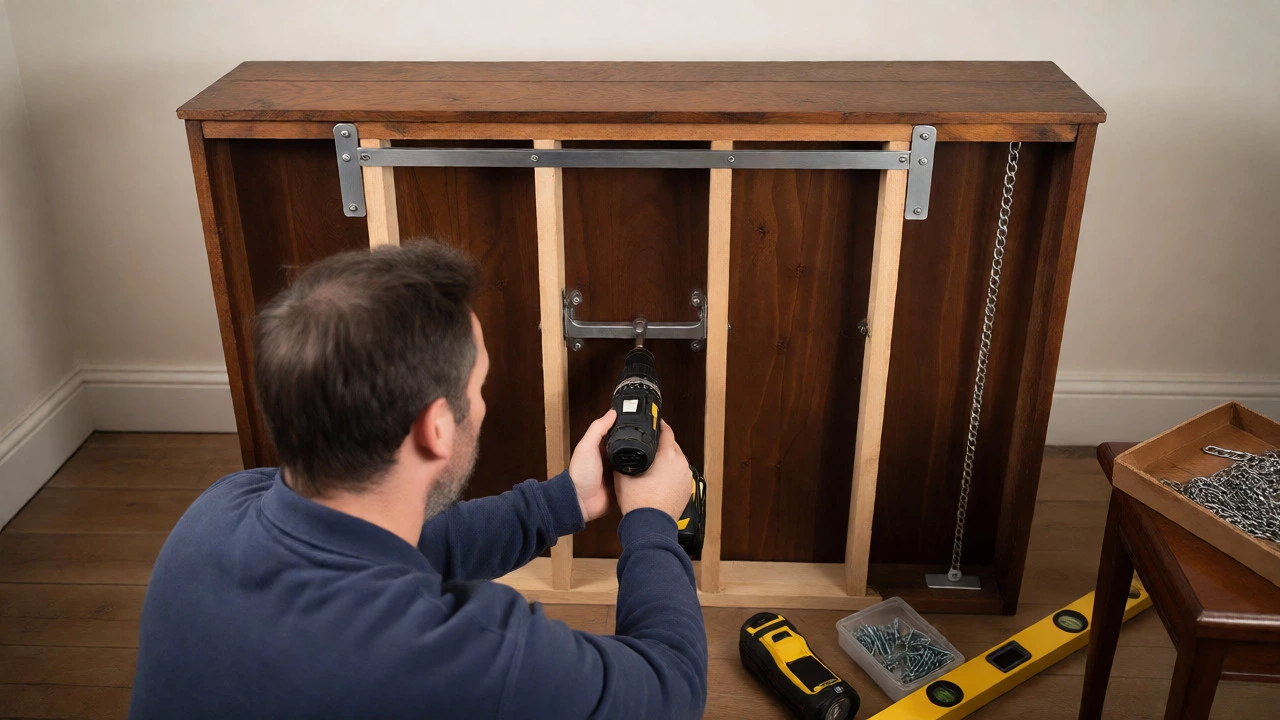 Homeowner installing a modern steel bracket to anchor a walnut bookcase to the wall.