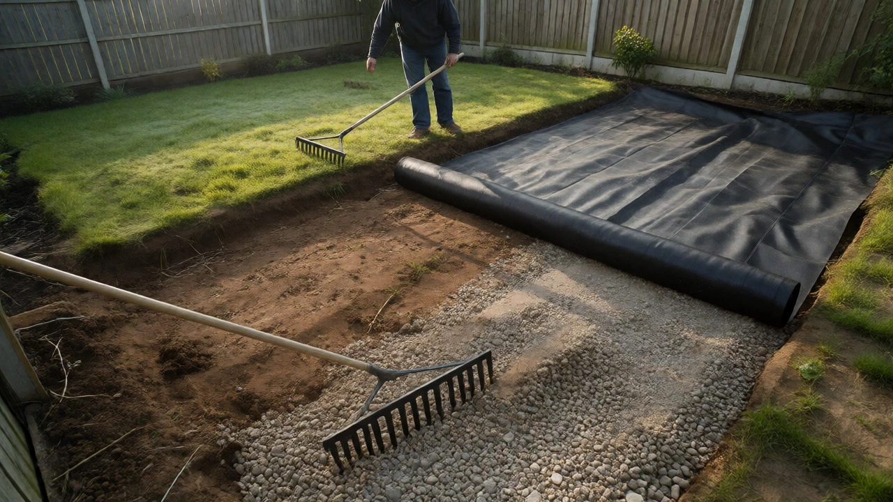 Homeowner laying geotextile membrane on prepared soil for decking base
