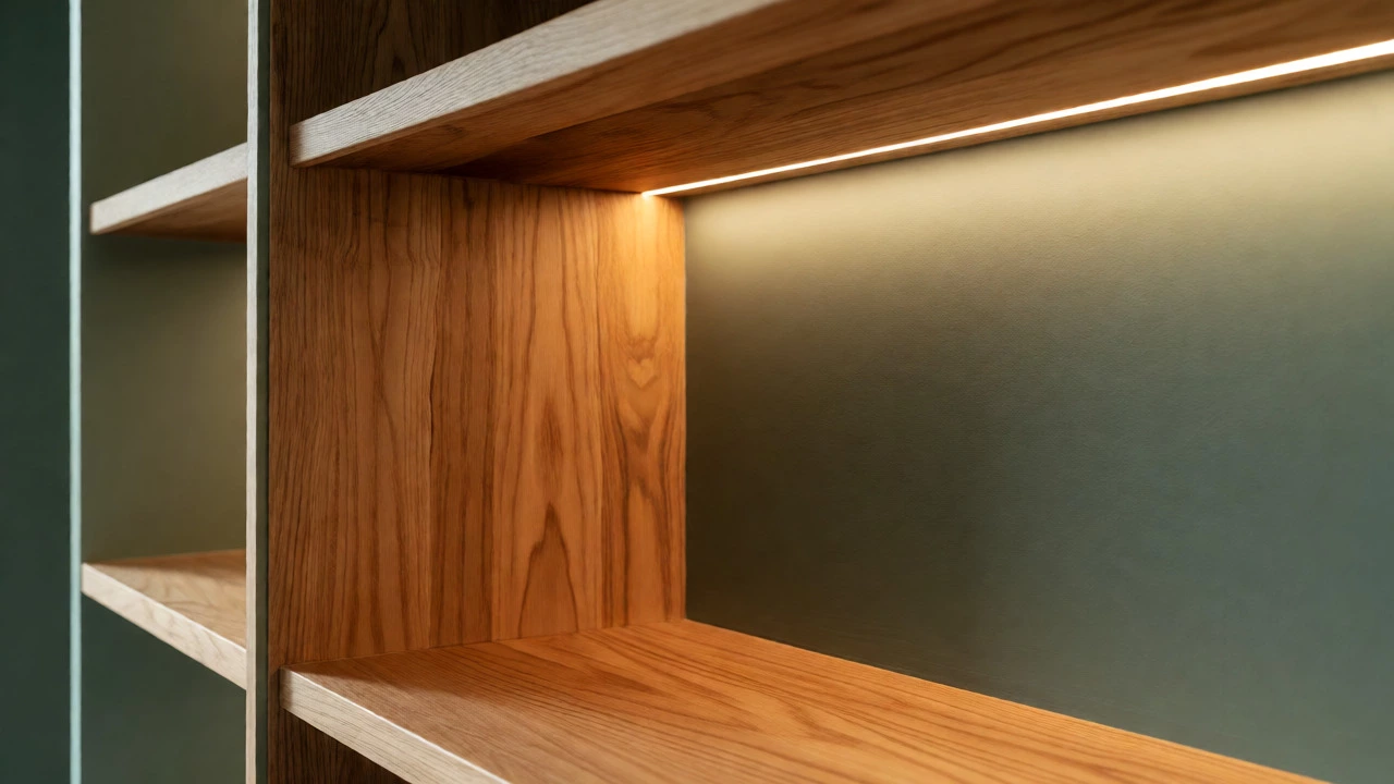 Oak timber shelves against sage green walls with integrated LED lighting for depth.