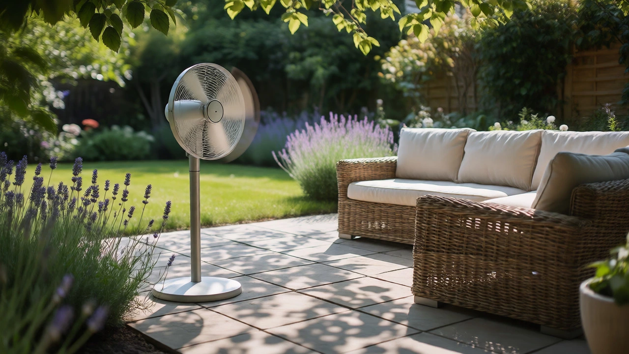 Outdoor patio with wicker furniture, a running fan, and lavender plants.