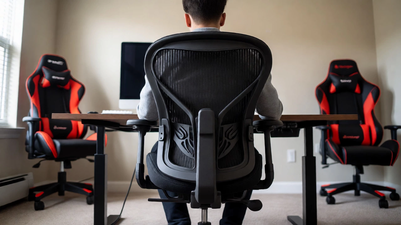 Person working upright in an ergonomic office chair with a gaming chair visible in the background.