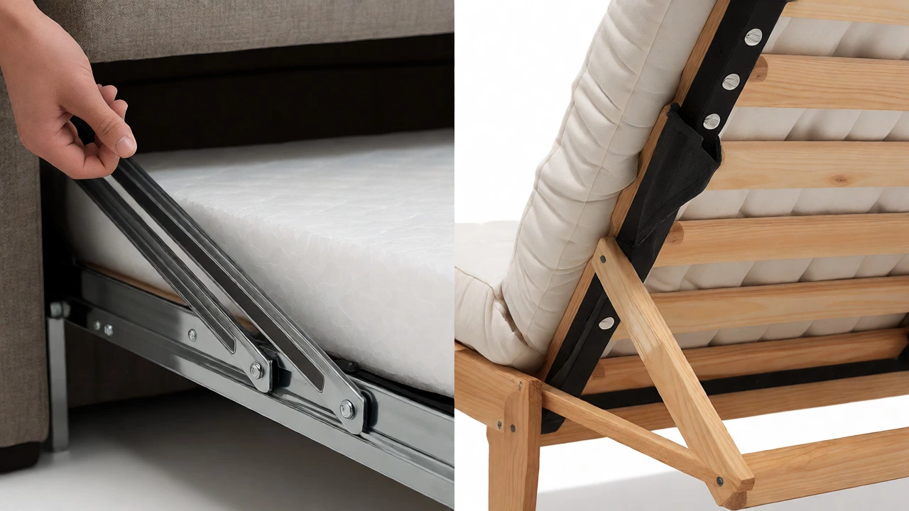 Side-by-side comparison of a pull-out sleeper sofa mechanism and a folding wooden futon frame.