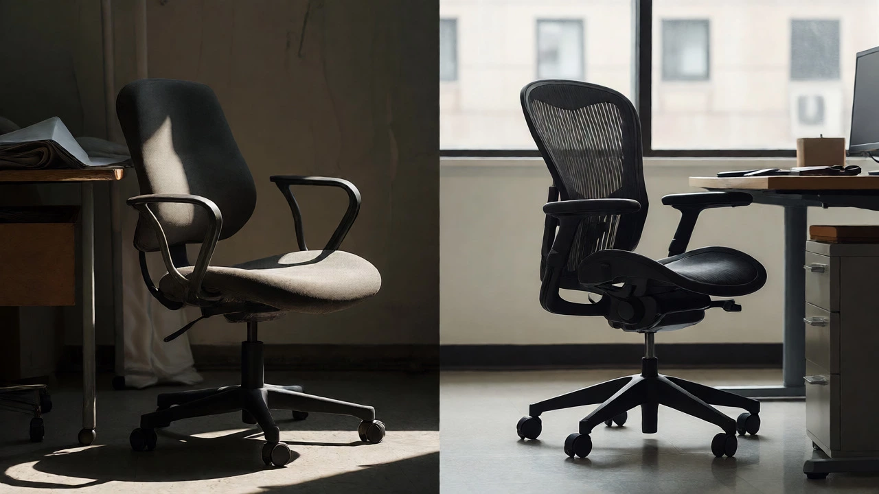 Split view comparing a worn-out budget chair with a durable high-end ergonomic office chair.