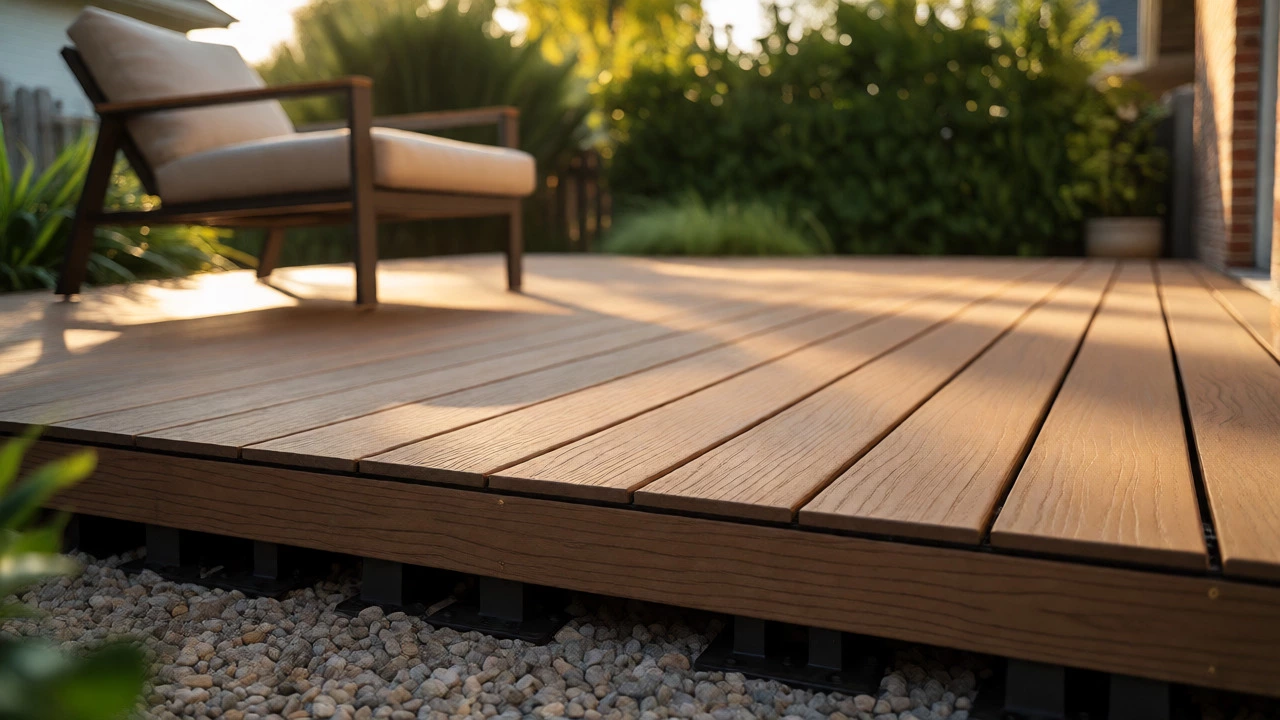 Stable composite deck on adjustable pedestals with outdoor furniture