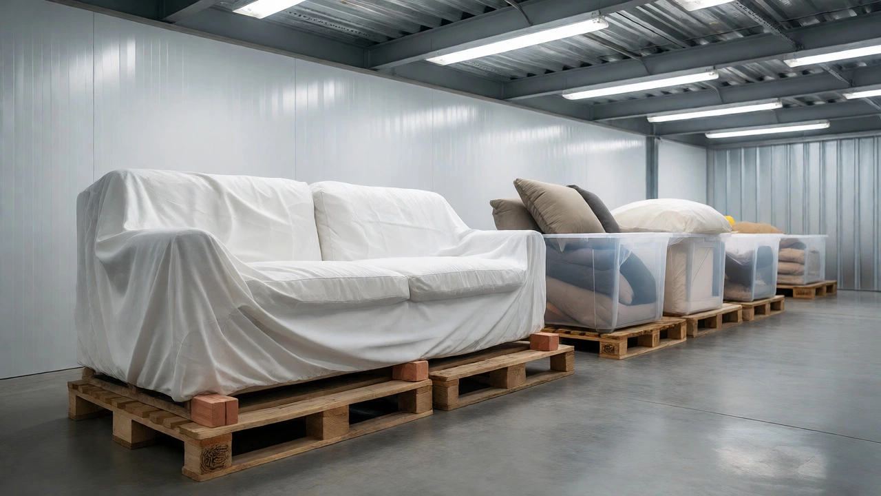 Wrapped sofa on pallets in a clean, climate-controlled storage unit